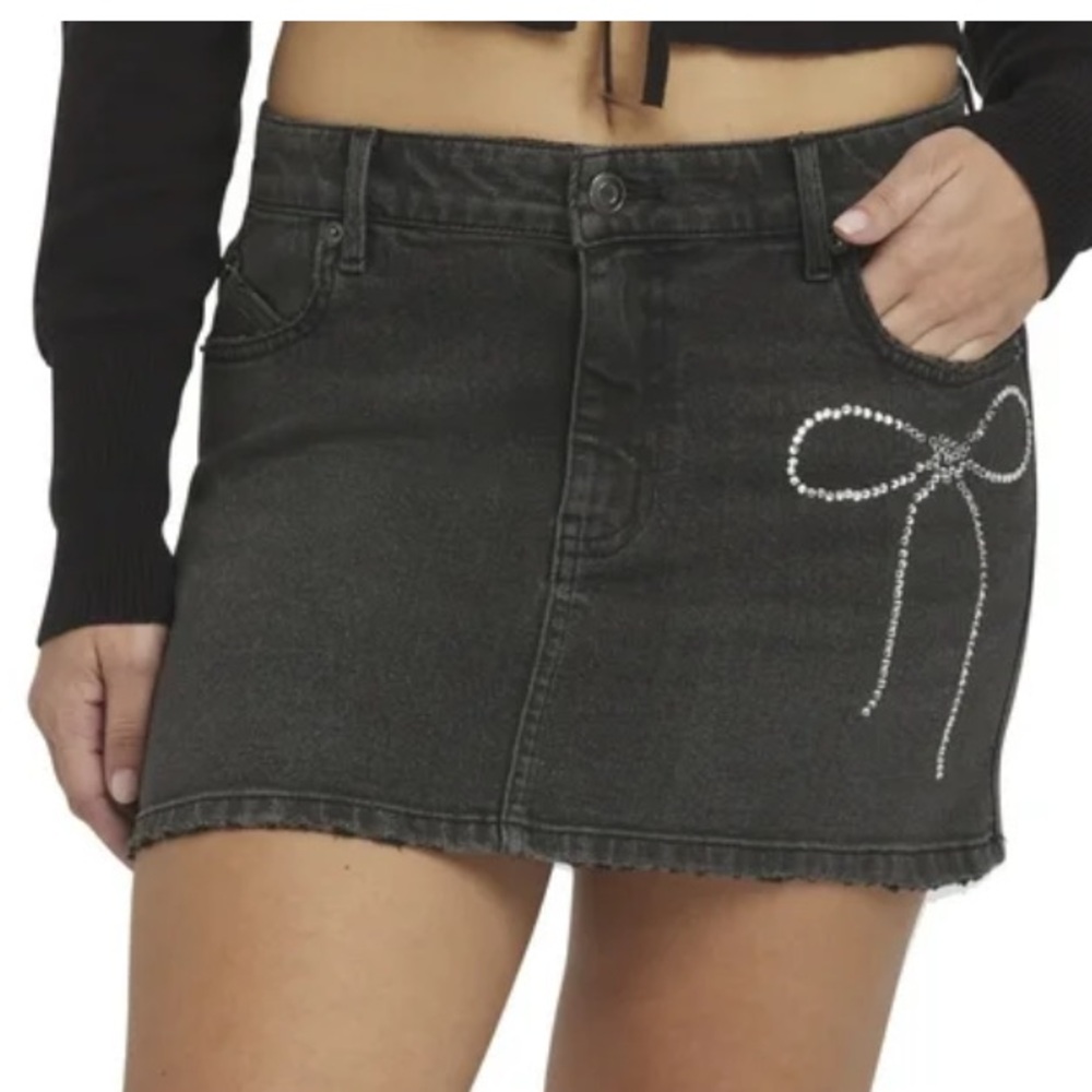 Millie Bobby Brown Black Denim Mini Skirt with Rhinestone Bow Accent 4 NWT